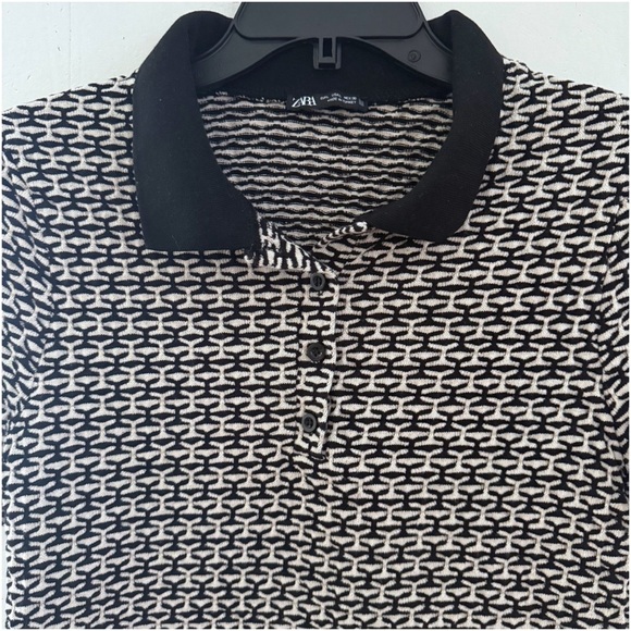 Zara Black and White Patterned Polo Short Sleeve Sweater Size Large - Picture 3 of 12